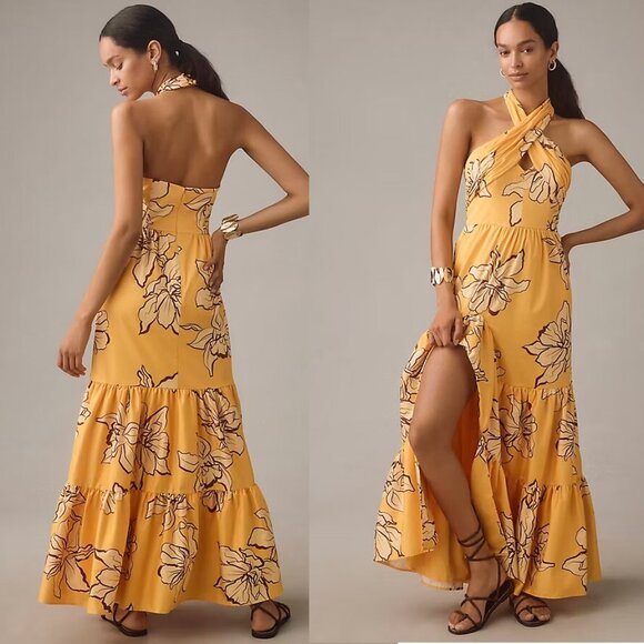 Anthropologie Hutch Floral Halter Maxi Dress 2 new nwt maize color floral - Picture 1 of 5